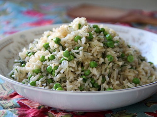 Recipe for brown Basmati rice, Onions, Petit Peas and Dill